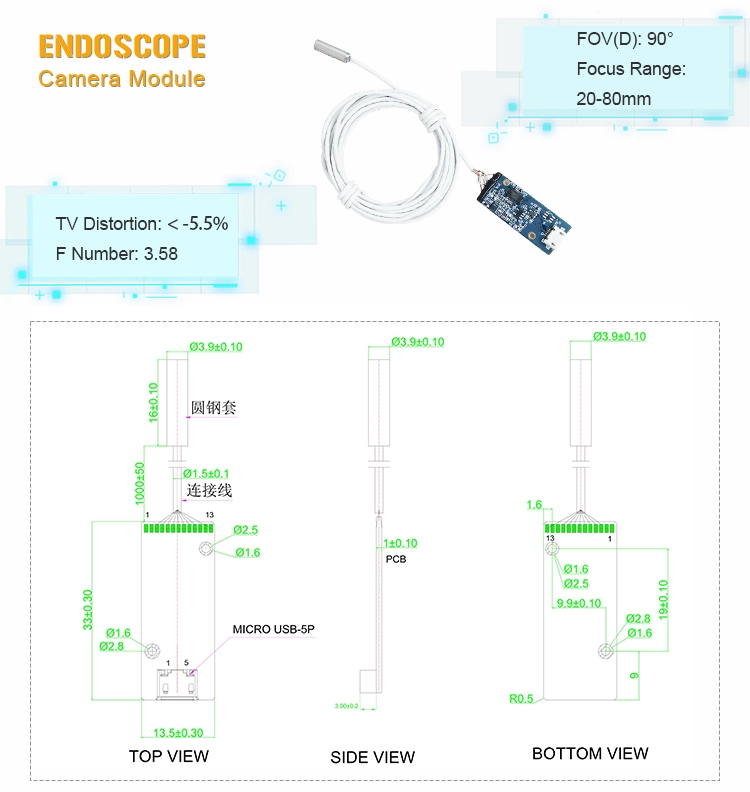 Modulo fotocamera per endoscopio medico USB da 3,9 mm